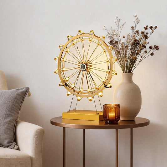 Vintage Gold Brass Ferris Wheel LED Table Lamp Wood Base Three Colour Temps