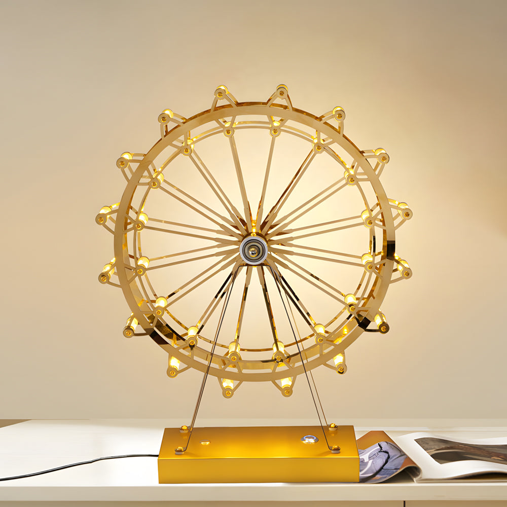 Vintage Gold Brass Ferris Wheel LED Table Lamp Wood Base Three Colour Temps