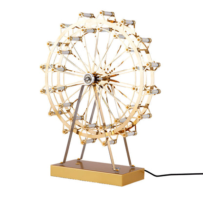 Vintage Gold Brass Ferris Wheel LED Table Lamp Wood Base Three Colour Temps