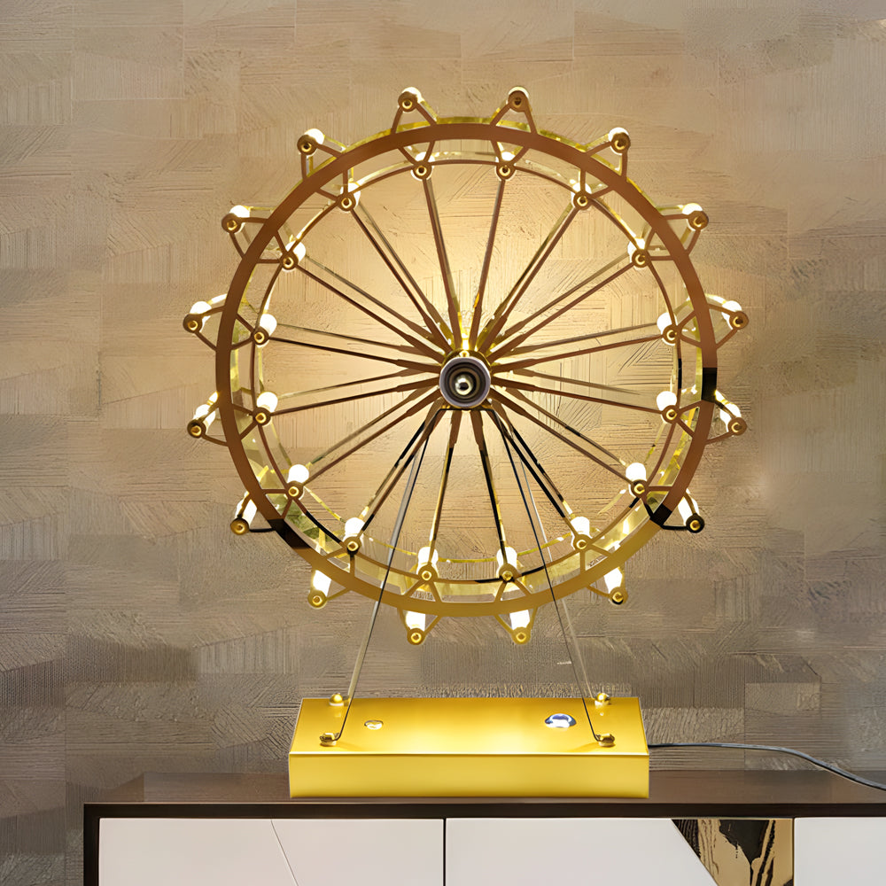 Vintage Gold Brass Ferris Wheel LED Table Lamp Wood Base Three Colour Temps