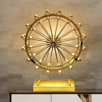 Vintage Gold Brass Ferris Wheel LED Table Lamp Wood Base Three Colour Temps