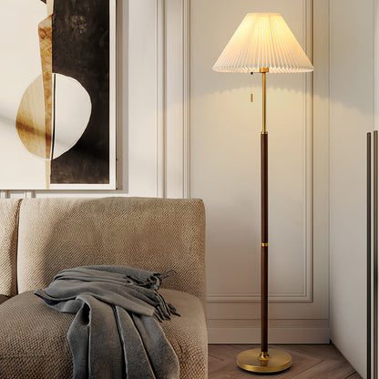 Modern Floor Lamp Solid Wood E27 LED Pleated Linen Shade Pull Chain Dimmable Remote Walnut Nordic American Country 62 Inch