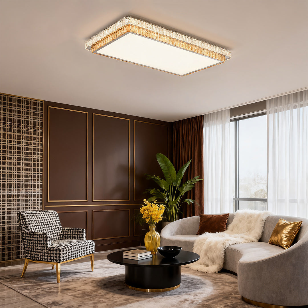 Round, Square, and Rectangle Crystal Trim Flush Mount in Chrome Stainless Steel with 3-Step Colour Temperature in Six Sizes