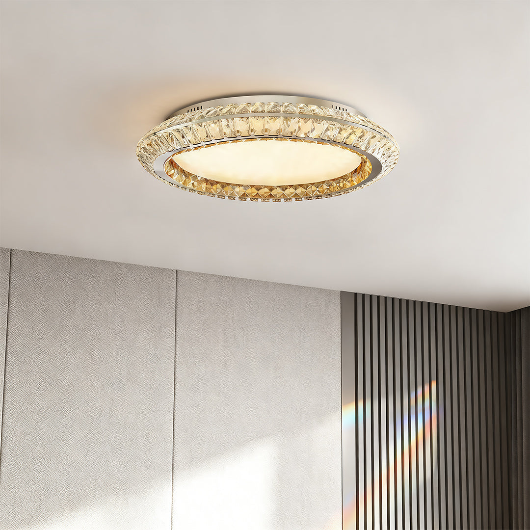Gold Crystal Drum Shade Flush Mount Round Three Sizes Full Spectrum LED