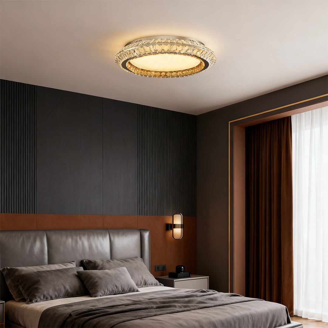 Gold Crystal Drum Shade Flush Mount Round Three Sizes Full Spectrum LED