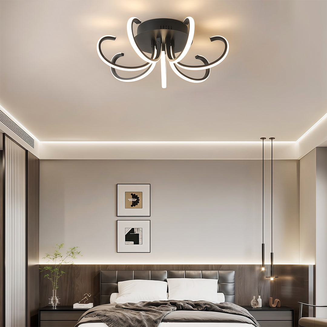 Nordic Starburst Multi-Arm Silicone LED Flush Mount in Black, White, or Chrome with Dimmable Option in Two Sizes
