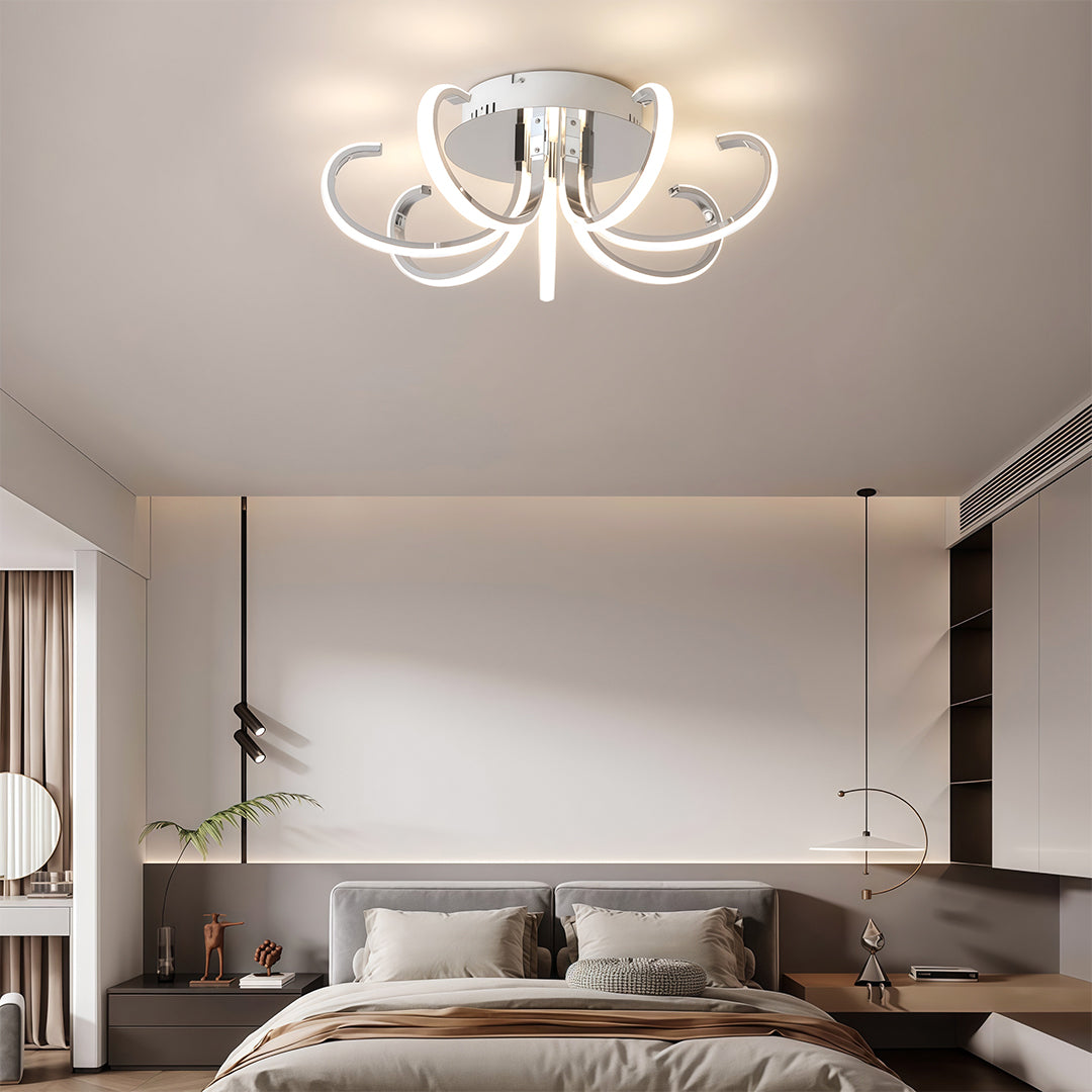 Nordic Starburst Multi-Arm Silicone LED Flush Mount in Black, White, or Chrome with Dimmable Option in Two Sizes