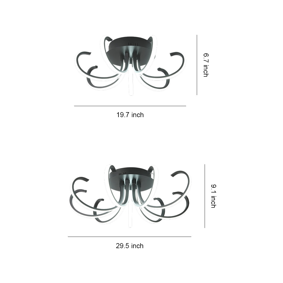 Nordic Starburst Multi-Arm Silicone LED Flush Mount in Black, White, or Chrome with Dimmable Option in Two Sizes