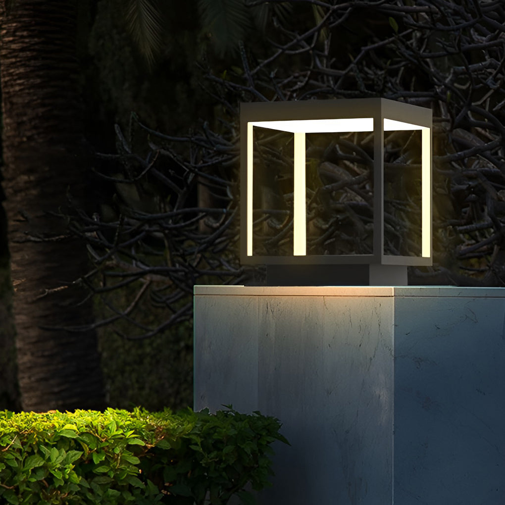 Modern Open Frame Square Outdoor Pillar Light Black Stainless Steel Acrylic Solar or Hardwired IP54 3 Sizes