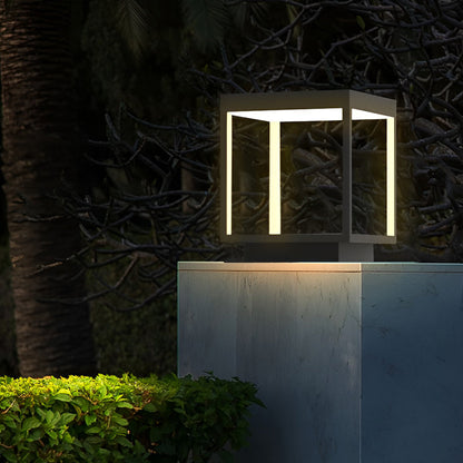Modern Open Frame Square Outdoor Pillar Light Black Stainless Steel Acrylic Solar or Hardwired IP54 3 Sizes