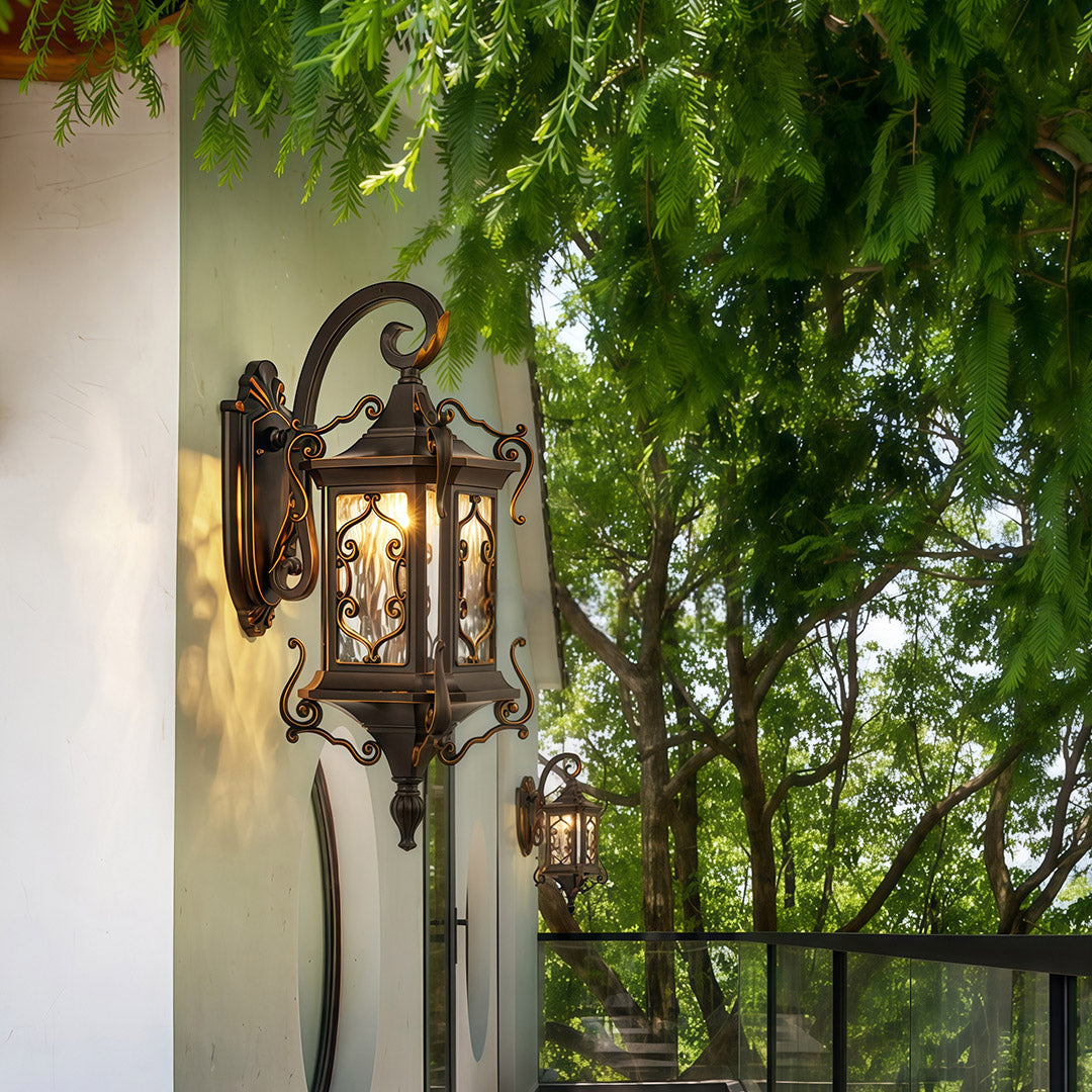 European Gilded Aluminium Outdoor Wall Lantern E27 IP65 Coffee Gold