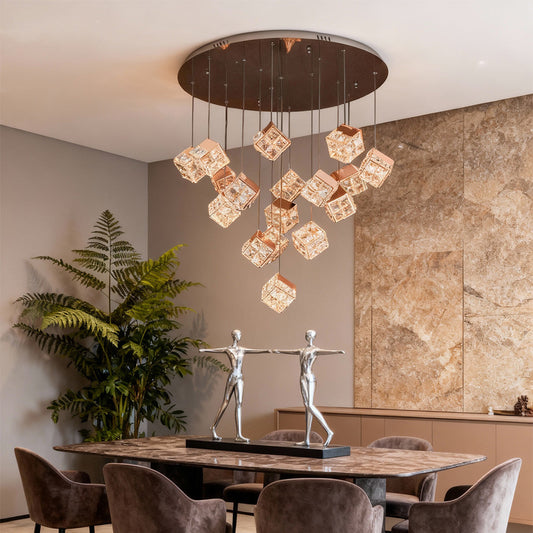 Crystal Cube Cluster Chandelier Carbon Steel Champagne Gold Nordic LED Tri-Color Staggered Geometric Pendant