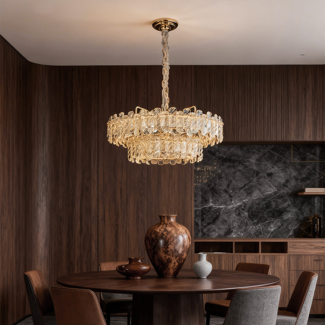 Nordic Chandelier Carbon Steel Champagne Gold Dual-Color LED Crystal Drum Single Double Layer Long Hanging Luxury