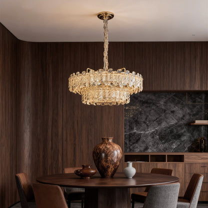 Nordic Chandelier Carbon Steel Champagne Gold Dual-Color LED Crystal Drum Single Double Layer Long Hanging Luxury