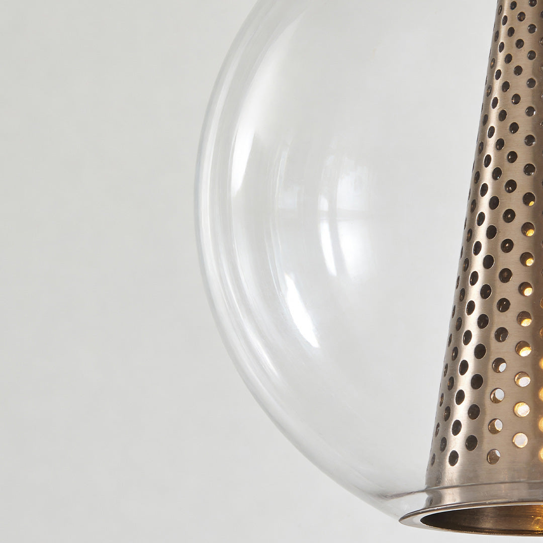 Glass Ball Pendant Light Italian Minimalist Clear Glass Perforated Copper Brass Cone E26 Dining Room 10 Inch