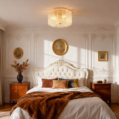 Full Copper and Transparent Glass Round Flush Mount with Vertical Crystal Rod Shade in Two Sizes