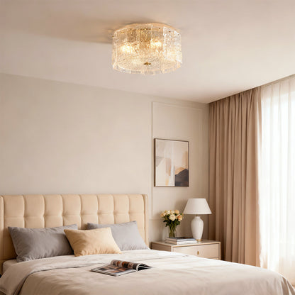 Full Copper and Transparent Glass Round Flush Mount with Vertical Crystal Rod Shade in Two Sizes