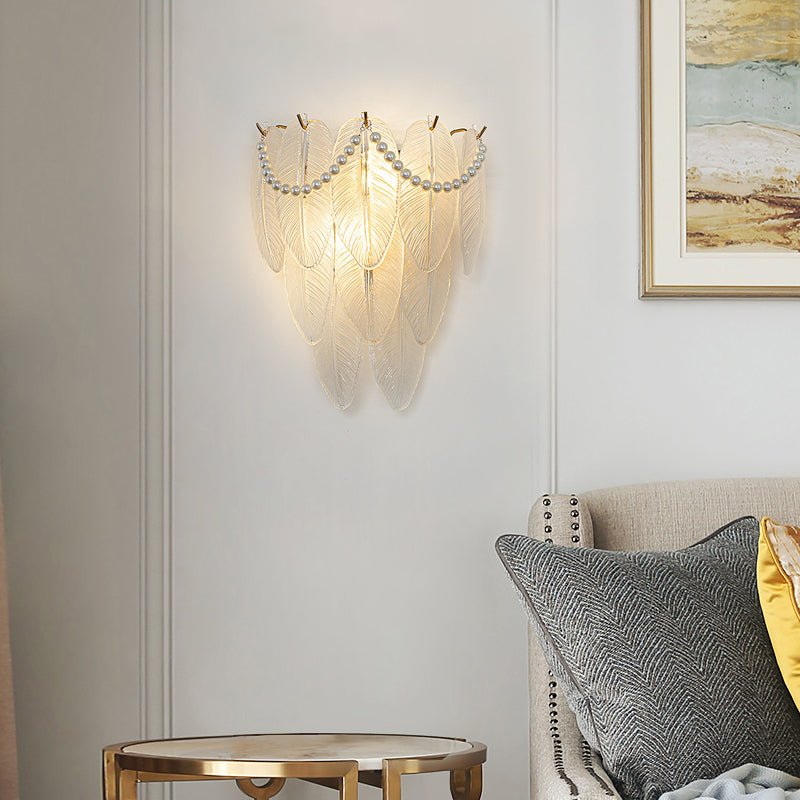 French Glass Feather Wall Sconce – Luxury 3-Step Dimming Decorative Wall Light