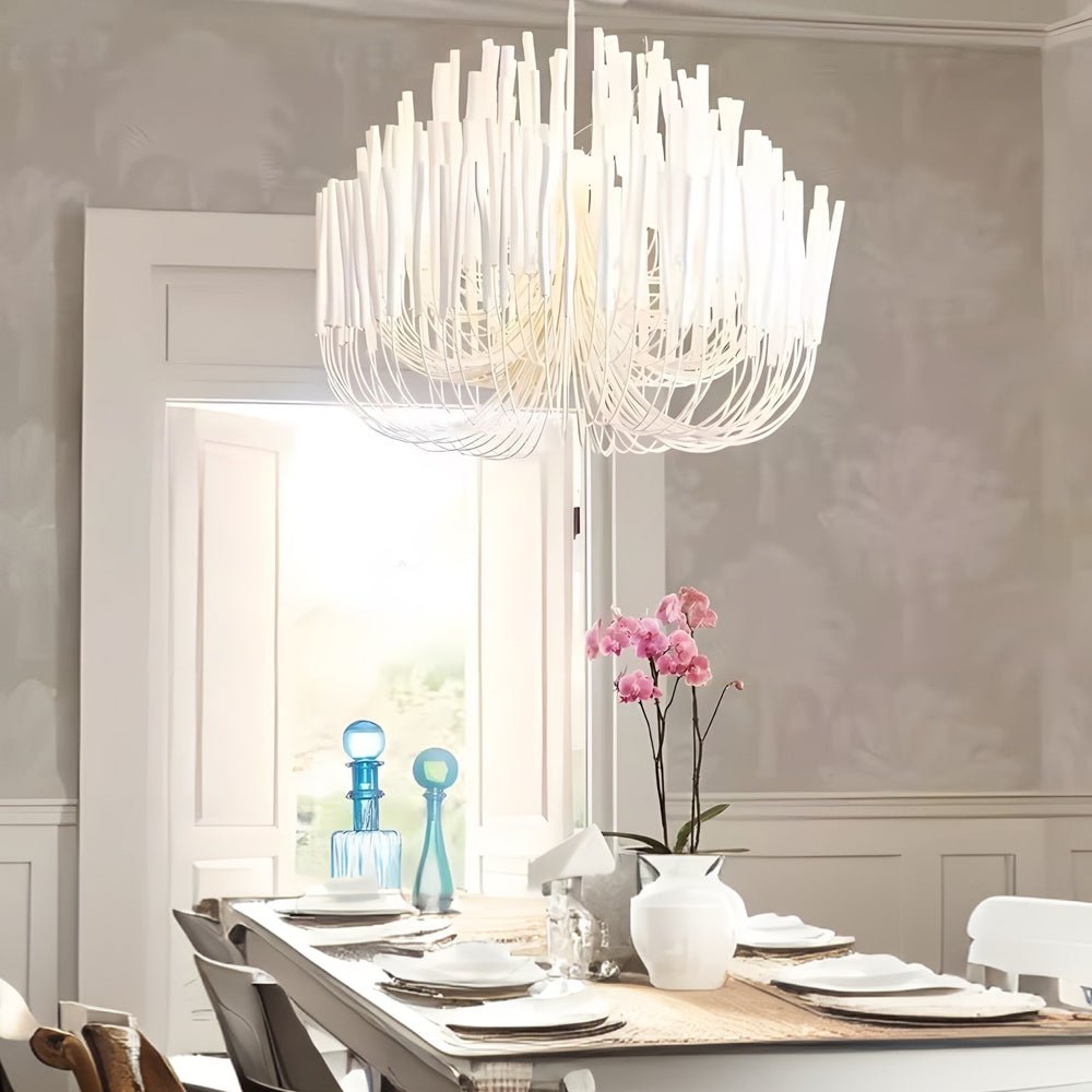 Organic Wood Stick LED Chandelier Iron E14 3000K Rustic Modern White 4 Sizes Indoor