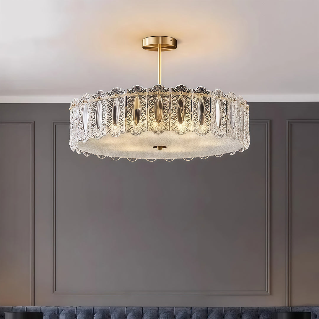 Semi-Flush Mount Copper Glass Patterned Drum Shade French Style E14 Three Sizes