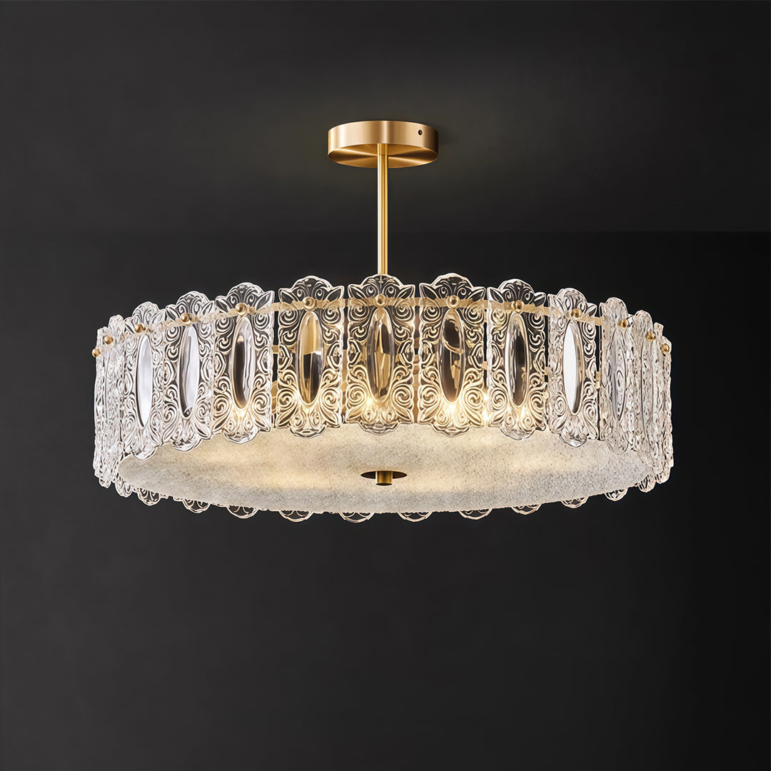 Semi-Flush Mount Copper Glass Patterned Drum Shade French Style E14 Three Sizes