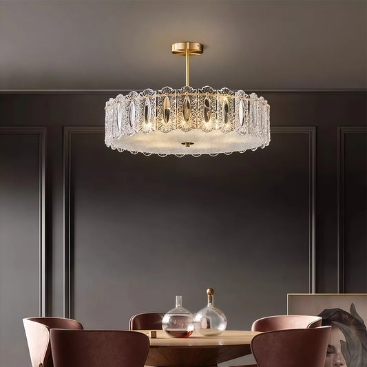 Semi-Flush Mount Copper Glass Patterned Drum Shade French Style E14 Three Sizes