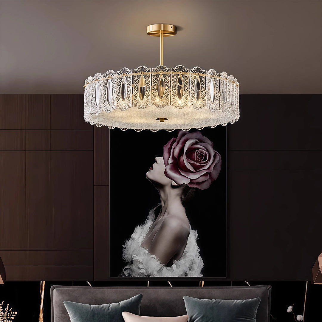Semi-Flush Mount Copper Glass Patterned Drum Shade French Style E14 Three Sizes