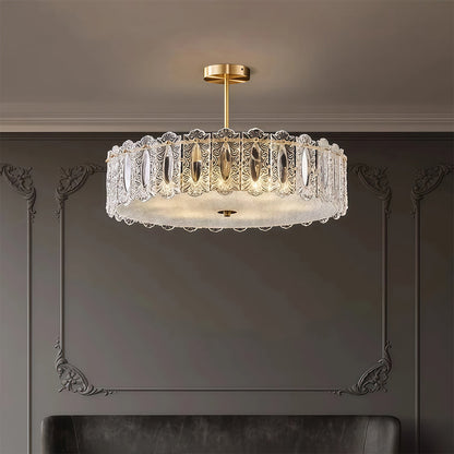 Semi-Flush Mount Copper Glass Patterned Drum Shade French Style E14 Three Sizes