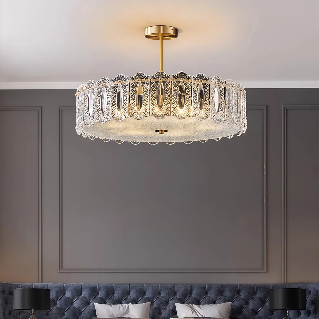 Semi-Flush Mount Copper Glass Patterned Drum Shade French Style E14 Three Sizes