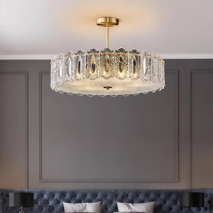 Semi-Flush Mount Copper Glass Patterned Drum Shade French Style E14 Three Sizes