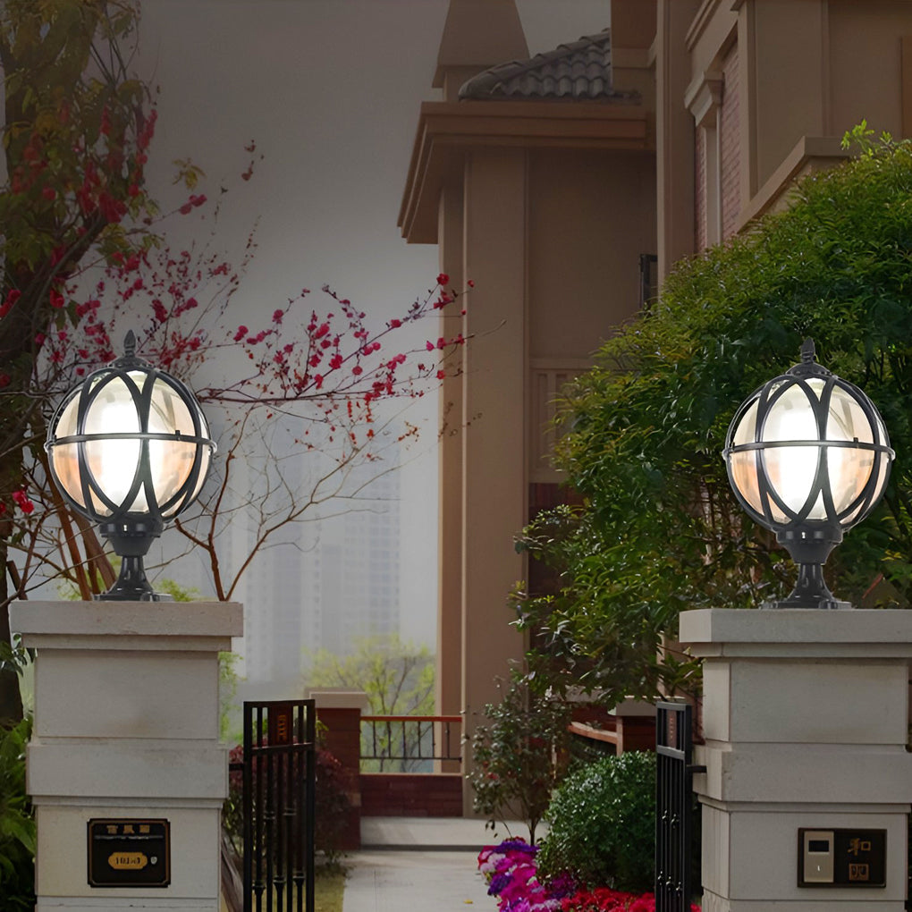 European Globe Pillar Light Aluminum Glass Black or Bronze Hardwired IP54 3 Sizes Baking Paint E27