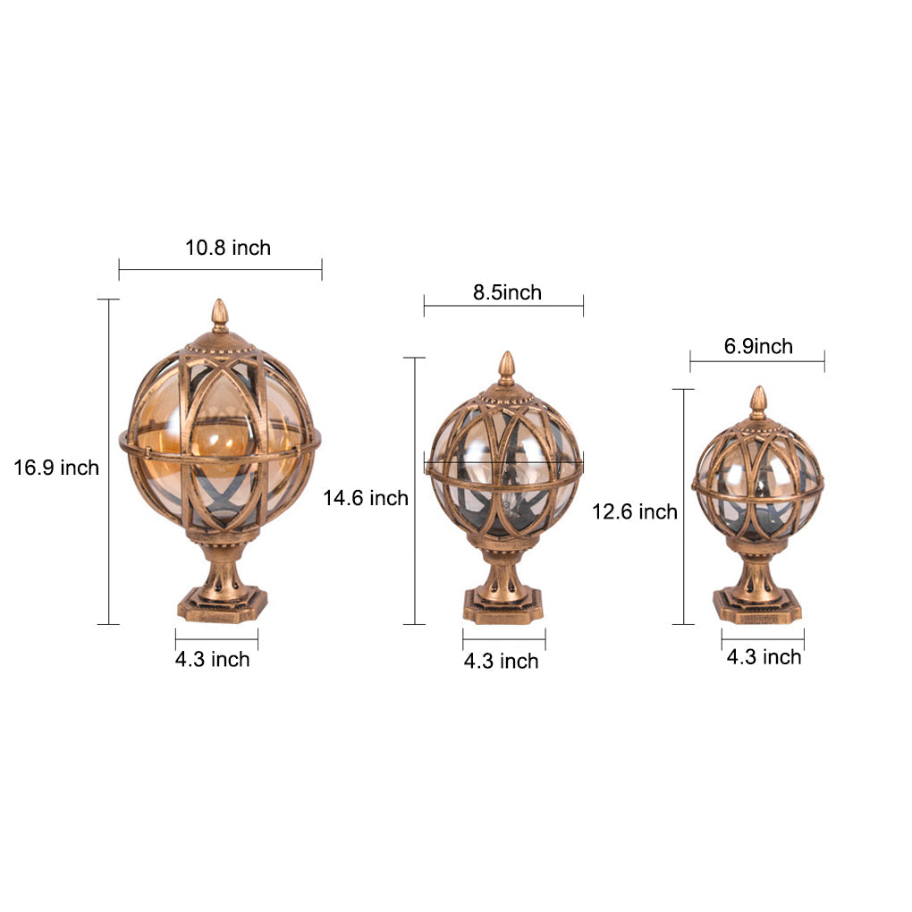 European Globe Pillar Light Aluminum Glass Black or Bronze Hardwired IP54 3 Sizes Baking Paint E27