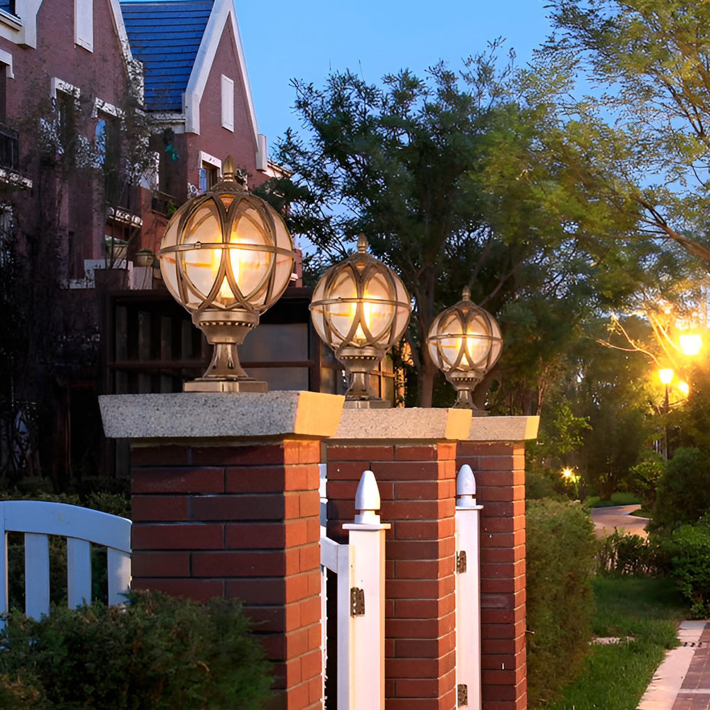 European Globe Pillar Light Aluminum Glass Black or Bronze Hardwired IP54 3 Sizes Baking Paint E27