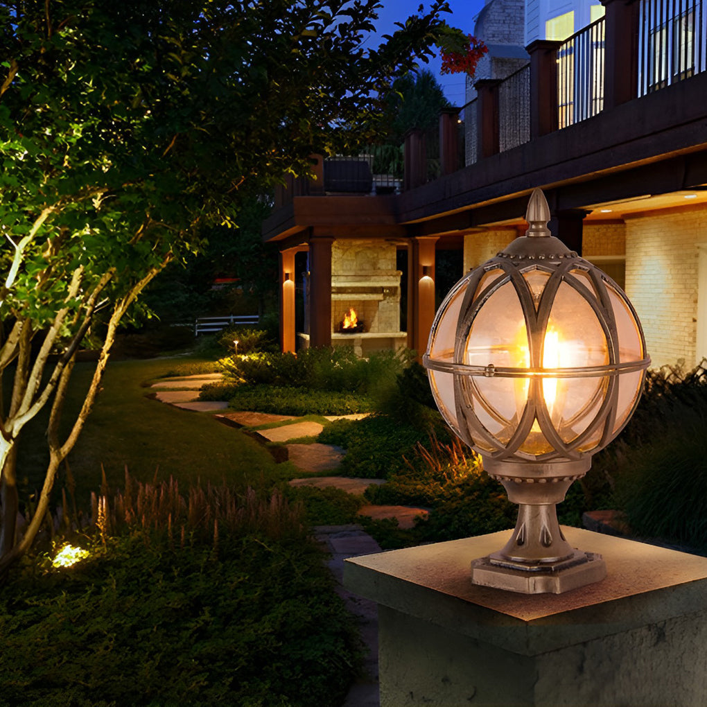 European Globe Pillar Light Aluminum Glass Black or Bronze Hardwired IP54 3 Sizes Baking Paint E27