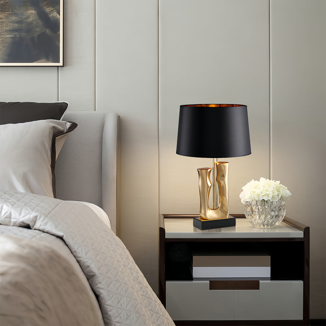 Modern Table Lamp Gold Sculptural Resin Base Black Fabric Drum Shade LED Dimmable Nordic Luxury Bedside 26.77 Inch