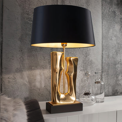Modern Table Lamp Gold Sculptural Resin Base Black Fabric Drum Shade LED Dimmable Nordic Luxury Bedside 26.77 Inch