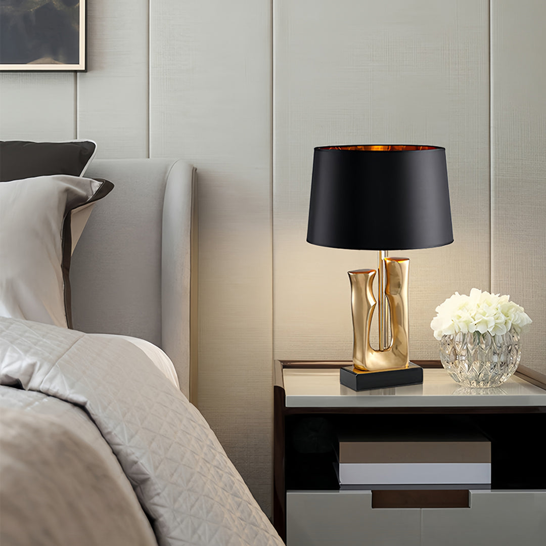 Modern Table Lamp Gold Sculptural Resin Base Black Fabric Drum Shade LED Dimmable Nordic Luxury Bedside 26.77 Inch