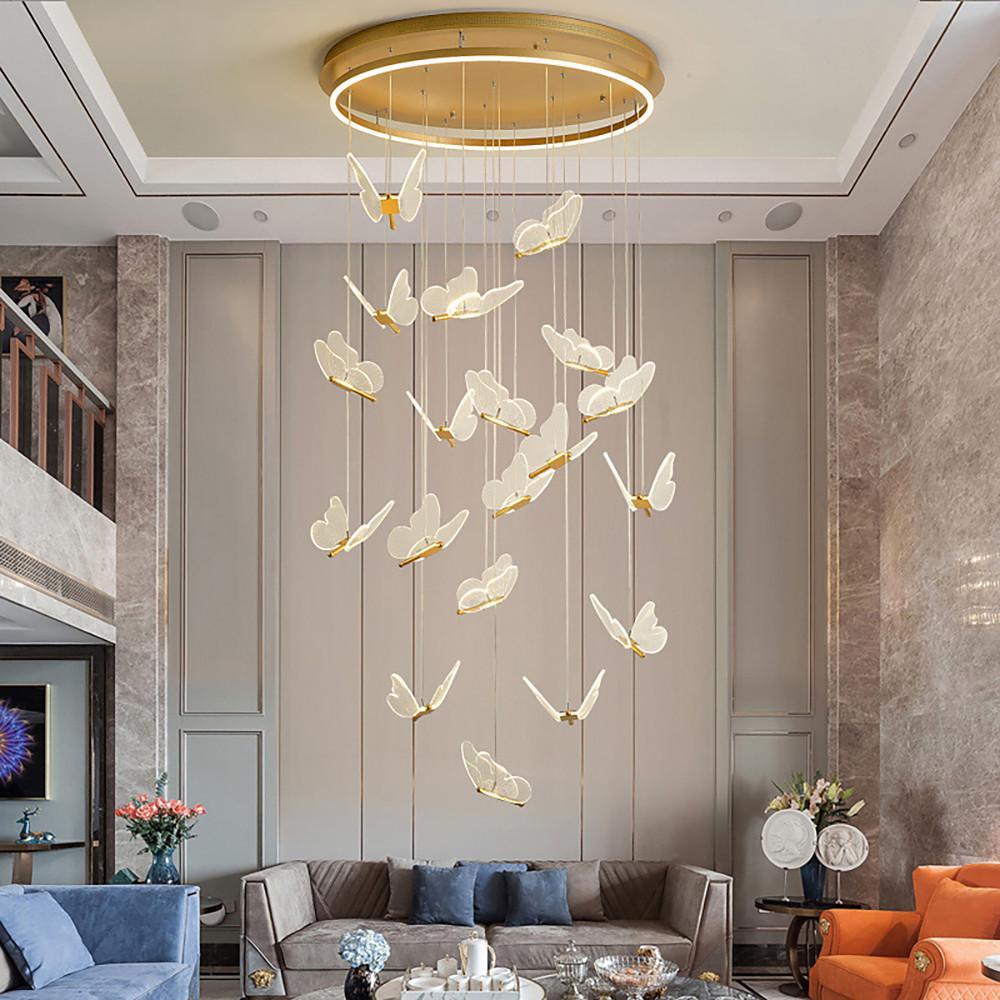 Butterfly Staircase Chandelier Gold Iron Acrylic Wings LED Dimmable 3000K 6000K