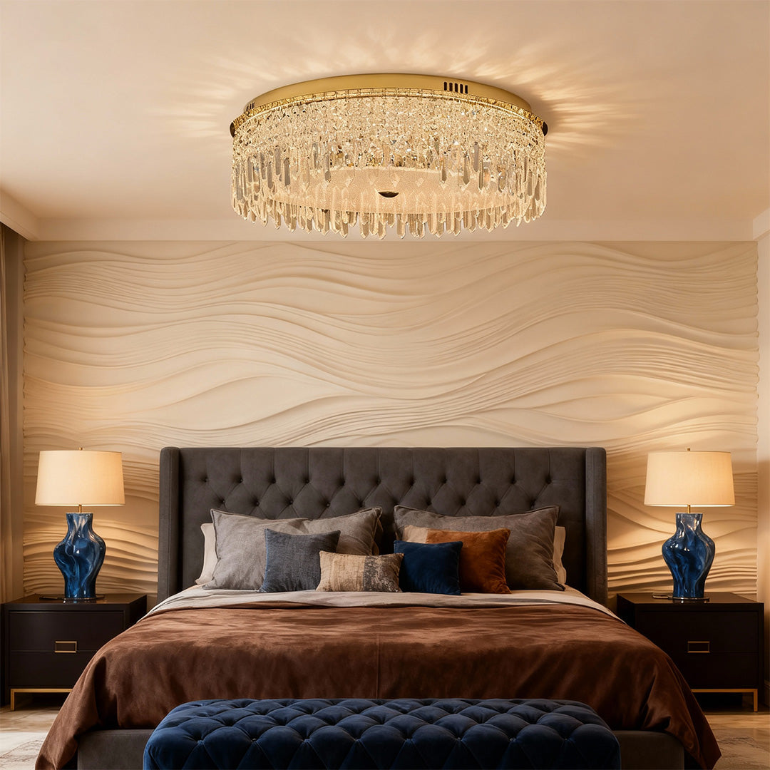 Waterfall Crystal Drop Flush Mount in Champagne Gold Carbon Steel with 3-Step Colour Temperature in Three Sizes