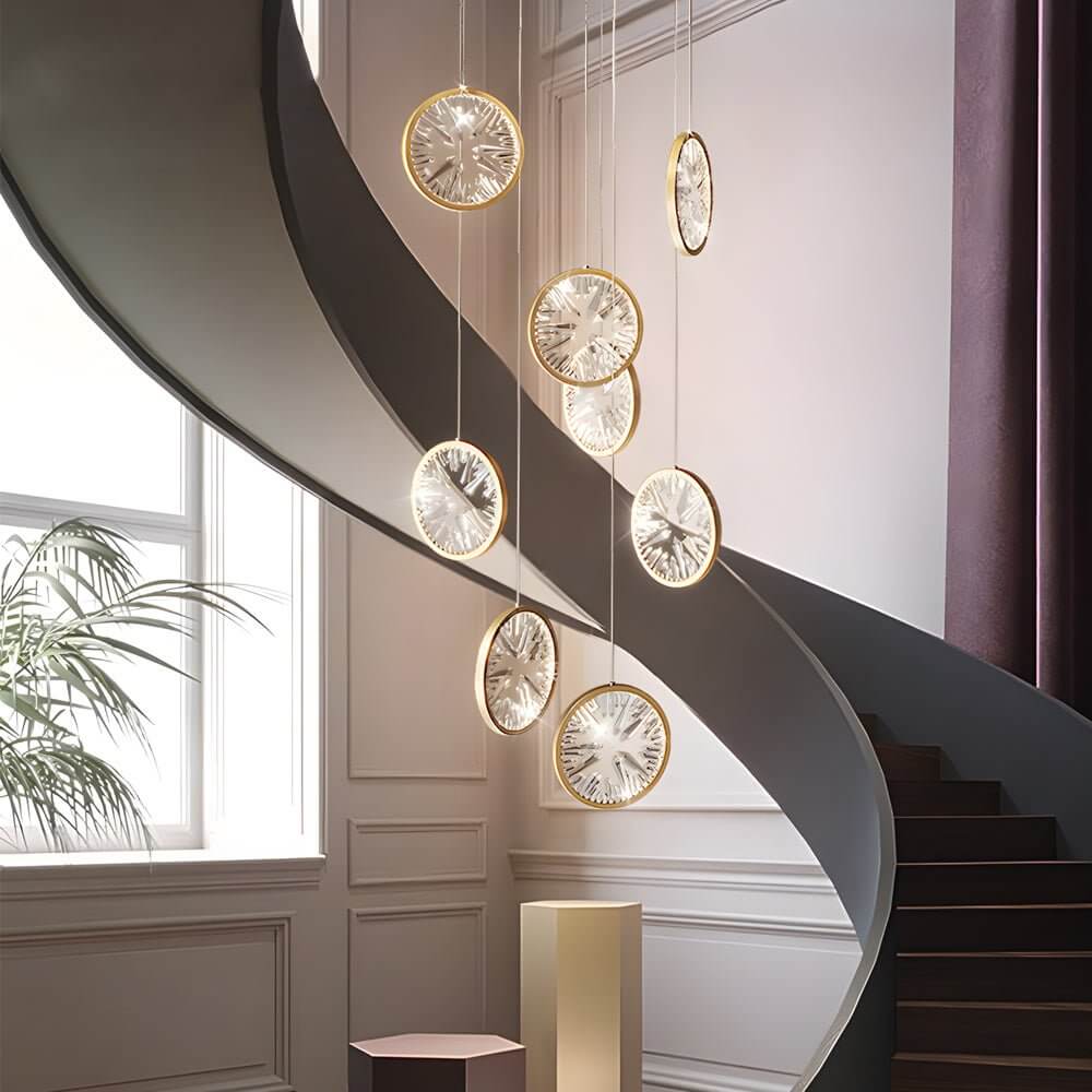 Staircase Chandelier Aluminum Iron Gold Acrylic Crystal Ring Integrated LED Modern 3-Step Colour Temperature Five Configurations 1-Light to 9-Light