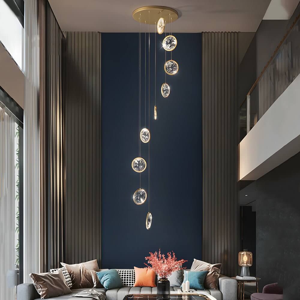 Staircase Chandelier Aluminum Iron Gold Acrylic Crystal Ring Integrated LED Modern 3-Step Colour Temperature Five Configurations 1-Light to 9-Light