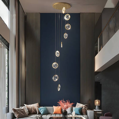 Staircase Chandelier Aluminum Iron Gold Acrylic Crystal Ring Integrated LED Modern 3-Step Colour Temperature Five Configurations 1-Light to 9-Light