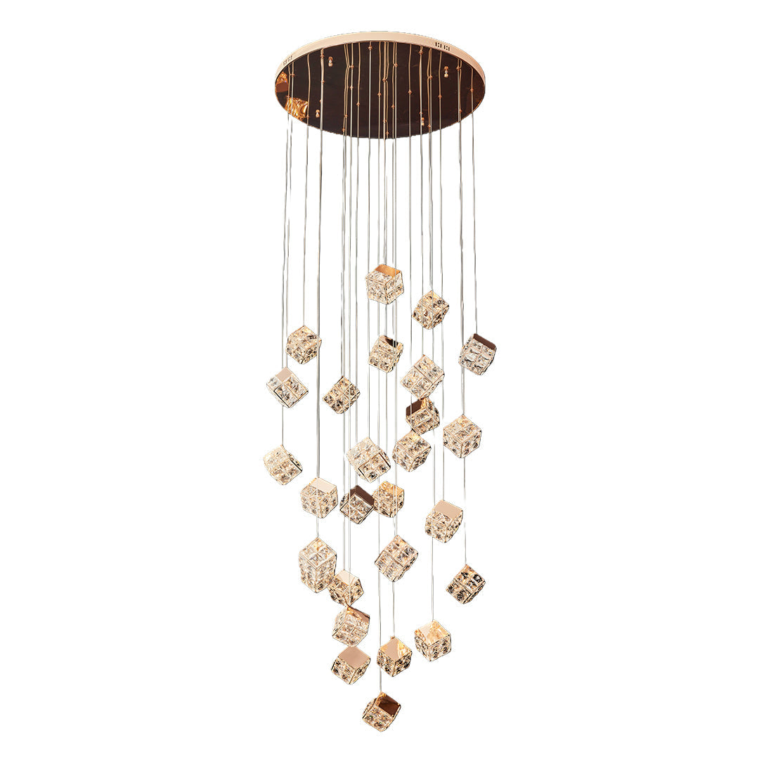 Staircase Chandelier Carbon Steel Crystal Magic Cube Champagne Gold Electroplated Integrated LED Nordic 3-Step Colour Temperature Two Configurations 15-Head to 27-Head