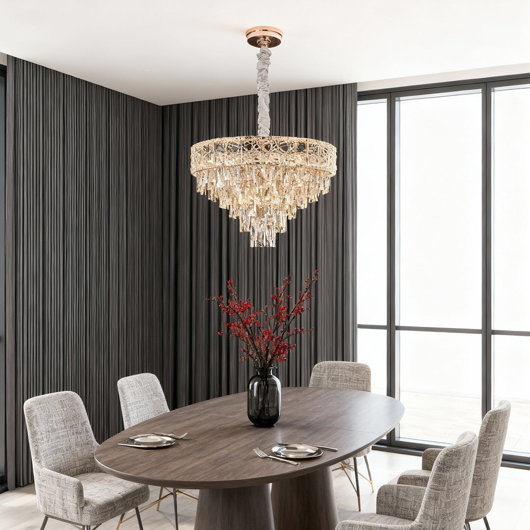 Crystal Chandelier Carbon Steel Champagne Gold European Tiered Hybrid LED E14 Multi-Layer Luxury