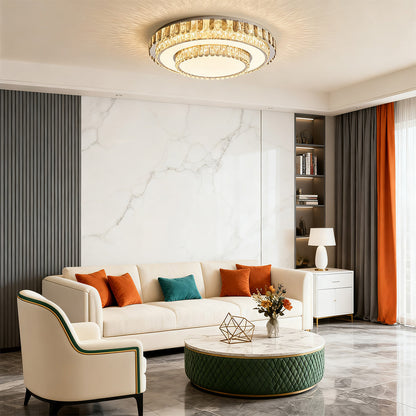 Multi-Layer Stacked Crystal Ring Flush Mount in Chrome Stainless Steel with 3-Step Colour Temperature in Four Sizes