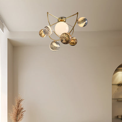 Planet Art Gold Semi-Flush Mount Glass Orb Modern 7-Light