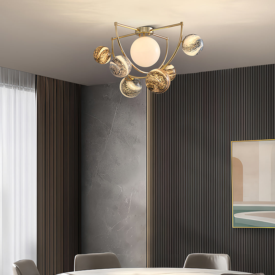 Planet Art Gold Semi-Flush Mount Glass Orb Modern 7-Light