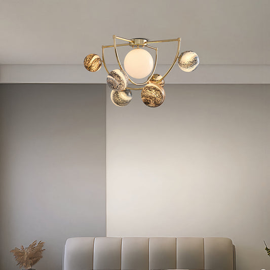 Planet Art Gold Semi-Flush Mount Glass Orb Modern 7-Light