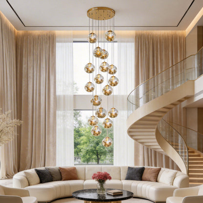 Staircase Chandelier Gold-Plated Iron Cognac Glass Globe E27 3000K 4 Configurations