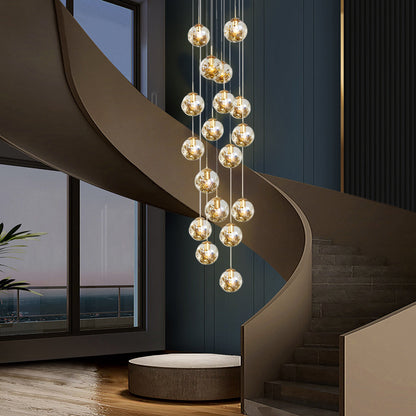 Staircase Chandelier Gold-Plated Iron Cognac Glass Globe E27 3000K 4 Configurations